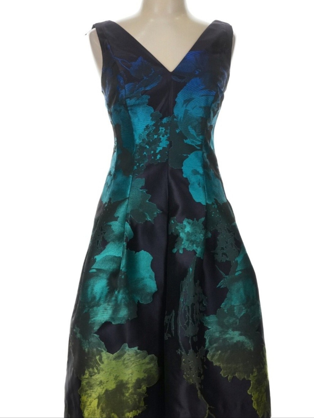 Teri Jon Teal, Navy & Green Floral V-Neck Midi Dress